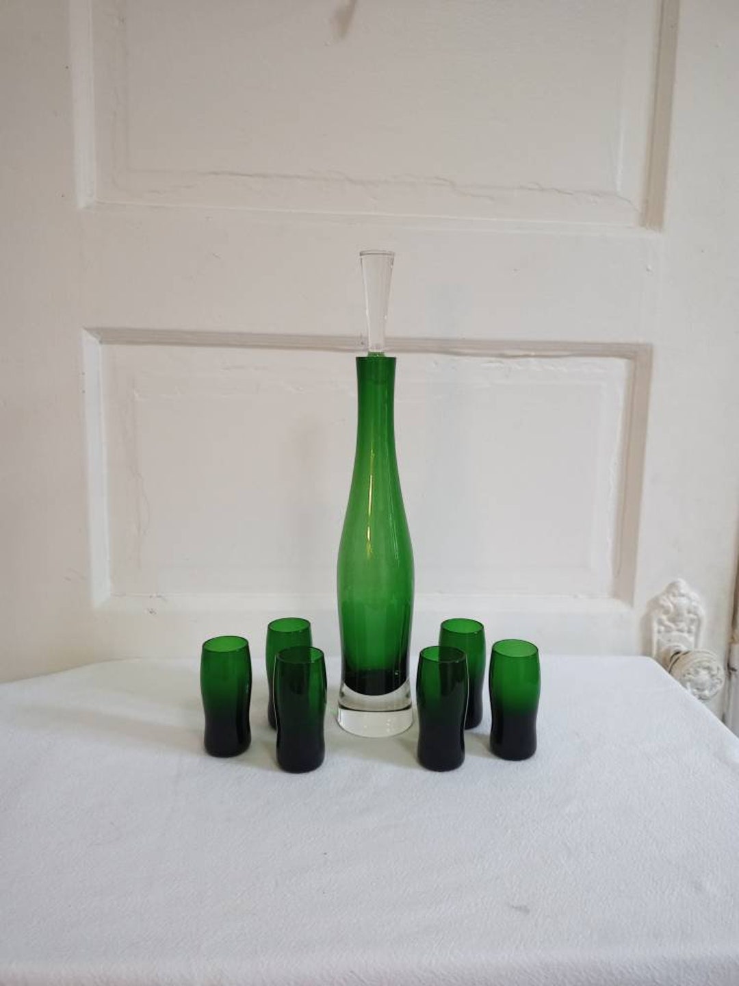 MCM Green Glass Decanter Set With 6 Glasses Vintage 1960's Etsy