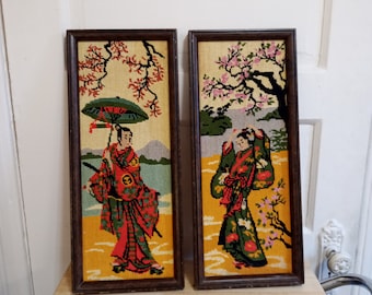 Vintage Framed Needlepoint Geishas Asian Style Wall Decor