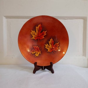 Jules Perrier Signed Enamel on Copper Plate Autumn Leaves Vintage 1970&#39;s