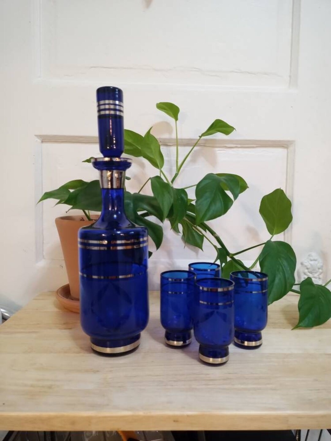 Vintage Cobalt Blue Glass Decanter Set Silver Overlay Etsy