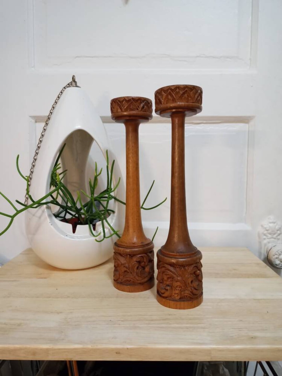 Vintage Wood Candlesticks Candle Holders Hand Carved Etsy