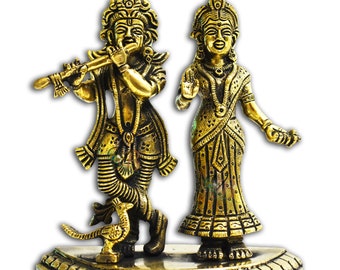 Golden Brass Radha Krishna Standing with Peacock Idol Height- 16 cm; Weight- 1.4 kgs