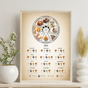 Heidens wiel van het jaar met maankalender 2026 | Afdrukbaar | Kalender maanstanden | Digitale download