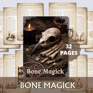 Könnte beinhalten: Eine Sammlung von 32-seitigen Seiten im Vintage-Stil mit dem Titel "Bone Magick". Das zentrale Bild zeigt einen Rabenschädel, Knochen, eine brennende Kerze und den Titel. Die Seiten haben dekorative Ränder und Text.