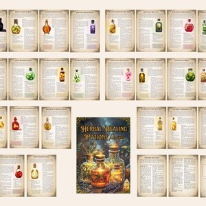 Op de afbeelding: Een verzameling pagina's uit een boek met illustraties van drankflessen met verschillende gekleurde vloeistoffen en ingredi&euml;nten. De pagina's hebben een vintage, verouderde uitstraling met decoratieve randen. De kaft van het boek is zichtbaar, met de titel "Herbal Healing Potions Recipes".