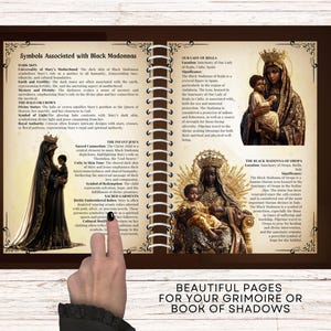 Pode incluir: Duas p&aacute;ginas de um livro sobre Madonas Negras, um tipo de &iacute;cone religioso. As p&aacute;ginas apresentam imagens de Madonas Negras, juntamente com texto que descreve seu simbolismo e significado. O texto inclui informa&ccedil;&otilde;es sobre o "Halo ou Coroa", a "Conex&atilde;o Sagrada", o "Menino Jesus", a "Pele Escura", o "Menino Jesus", as "T&uacute;nicas Rica e Adornadas" e o "Significando Cultural".