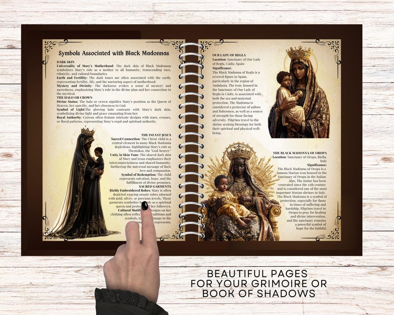 Pode incluir: Duas p&aacute;ginas de um livro sobre Madonas Negras, um tipo de &iacute;cone religioso. As p&aacute;ginas apresentam imagens de Madonas Negras, juntamente com texto que descreve seu simbolismo e significado. O texto inclui informa&ccedil;&otilde;es sobre o "Halo ou Coroa", a "Conex&atilde;o Sagrada", o "Menino Jesus", a "Pele Escura", o "Menino Jesus", as "T&uacute;nicas Rica e Adornadas" e o "Significando Cultural".
