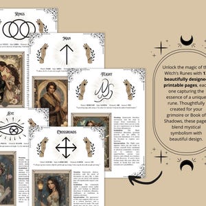 K&ouml;nnte beinhalten: Druckbare Seiten mit 13 Hexenrunen, jede mit einem einzigartigen Design und einer Beschreibung der Bedeutung der Rune. Die Seiten sind mit komplizierten Blumenmustern verziert und enthalten Illustrationen von Menschen und Symbolen.