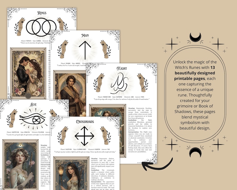 K&ouml;nnte beinhalten: Druckbare Seiten mit 13 Hexenrunen, jede mit einem einzigartigen Design und einer Beschreibung der Bedeutung der Rune. Die Seiten sind mit komplizierten Blumenmustern verziert und enthalten Illustrationen von Menschen und Symbolen.