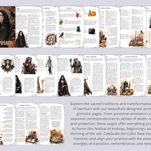 May include: A printable Samhain grimoire with illustrations of figures, pumpkins, and candles. The cover features a woman with long black hair and the word "SAMHAIN". The text describes the traditions and spirit of Samhain.