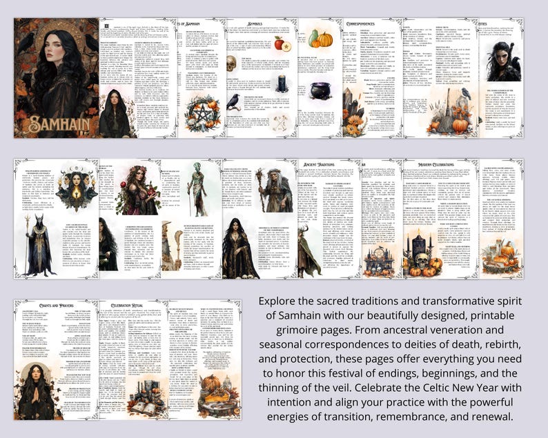 May include: A printable Samhain grimoire with illustrations of figures, pumpkins, and candles. The cover features a woman with long black hair and the word "SAMHAIN". The text describes the traditions and spirit of Samhain.