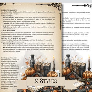 Pu&ograve; includere: Un'illustrazione in stile vintage di un altare di strega con candele, libri, una bottiglia e zucche. Il testo "2 Styles" &egrave; stampato sull'immagine. Il testo sulla pagina descrive come sigillare uno spazio e bandire le energie negative.