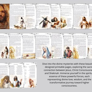 May include: Printable pages with illustrations of Jesus and text about Christ Consciousness and Shekinah. The text discusses the divine mysteries and the transformative journey toward higher consciousness.