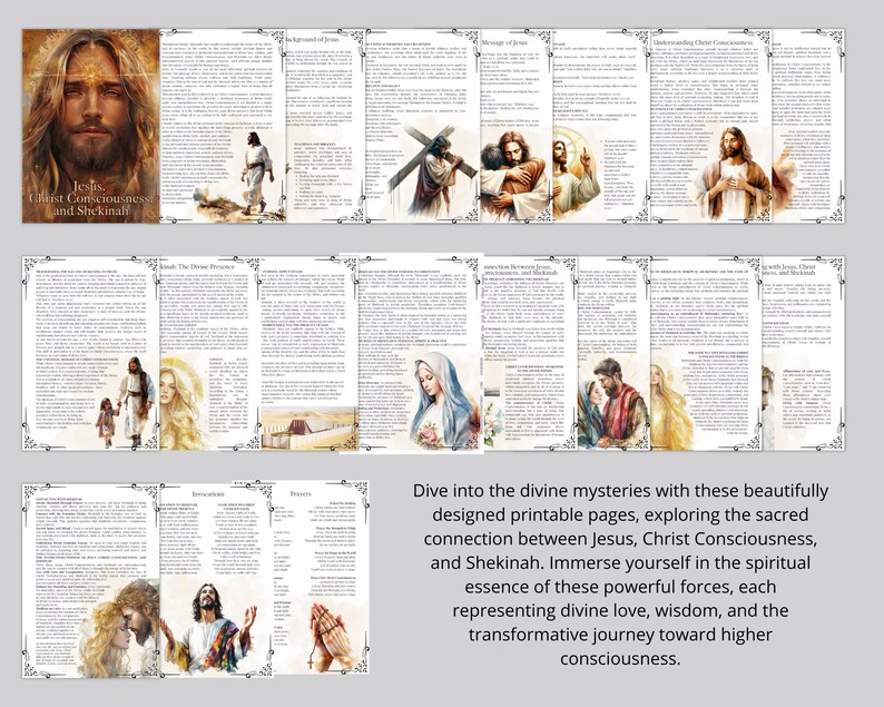 May include: Printable pages with illustrations of Jesus and text about Christ Consciousness and Shekinah. The text discusses the divine mysteries and the transformative journey toward higher consciousness.