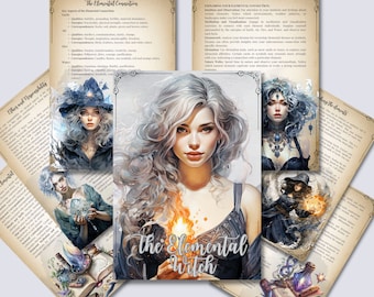 May include: A collage of images featuring a woman with flowing silver hair and a fiery orange flame in her hand. The text "The Elemental Witch" is prominently displayed. The images are surrounded by pages from a book with text about the elements of nature.
