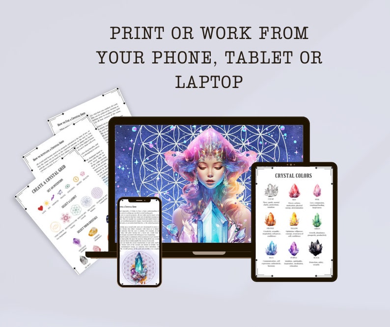 Pu&ograve; includere: Un'illustrazione digitale di una donna che tiene un cristallo, con uno schema geometrico sullo sfondo. L'immagine &egrave; visualizzata sullo schermo di un laptop, con un telefono e un tablet che mostrano informazioni aggiuntive sui cristalli. Il testo sul tablet dice "Colori dei cristalli". Il testo sul telefono dice "Come creare una griglia di cristalli". Il testo sullo schermo del laptop dice "Crea una griglia di cristalli".