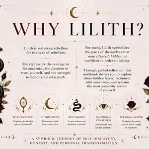 K&ouml;nnte beinhalten: Eine beige Infografik mit dem Titel WHY LILITH? mit dunkelroten Rosen, einer schwarzen Schlange und himmlischen Symbolen. Sie enth&auml;lt Text &uuml;ber Selbstfindung, Authentizit&auml;t, Grenzen, emotionales Bewusstsein und pers&ouml;nliche Kraft mit goldenen Akzenten.