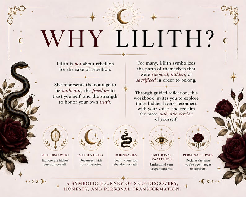 K&ouml;nnte beinhalten: Eine beige Infografik mit dem Titel WHY LILITH? mit dunkelroten Rosen, einer schwarzen Schlange und himmlischen Symbolen. Sie enth&auml;lt Text &uuml;ber Selbstfindung, Authentizit&auml;t, Grenzen, emotionales Bewusstsein und pers&ouml;nliche Kraft mit goldenen Akzenten.