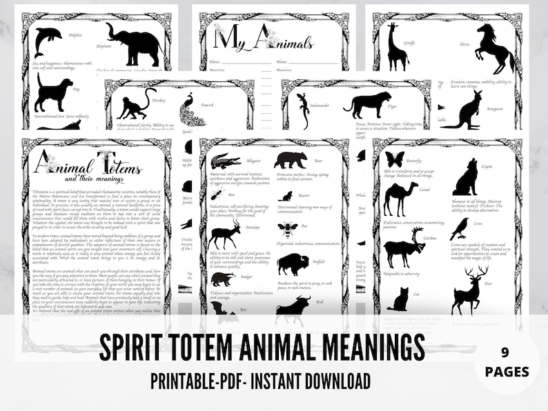 May include: A collection of nine printable pages featuring black silhouette animal illustrations with associated meanings. The pages include animals like dolphins, elephants, and giraffes, along with text describing their spiritual significance. The title "Spirit Totem Animal Meanings" is displayed.