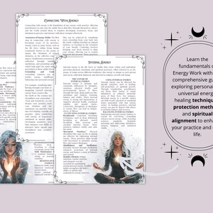 Puede incluir: Una gu&iacute;a para el trabajo energ&eacute;tico con ilustraciones de una mujer meditando. El texto en la p&aacute;gina dice "Aprende los fundamentos del trabajo energ&eacute;tico con esta gu&iacute;a completa, explorando la energ&iacute;a personal y universal, las t&eacute;cnicas de curaci&oacute;n, los m&eacute;todos de protecci&oacute;n y la alineaci&oacute;n espiritual para mejorar tu pr&aacute;ctica y tu vida diaria."