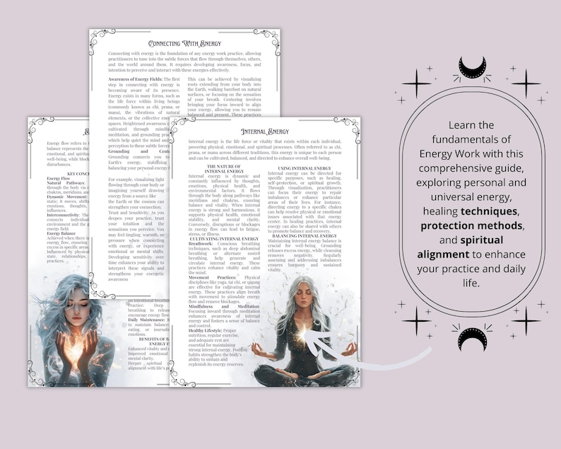 Puede incluir: Una gu&iacute;a para el trabajo energ&eacute;tico con ilustraciones de una mujer meditando. El texto en la p&aacute;gina dice "Aprende los fundamentos del trabajo energ&eacute;tico con esta gu&iacute;a completa, explorando la energ&iacute;a personal y universal, las t&eacute;cnicas de curaci&oacute;n, los m&eacute;todos de protecci&oacute;n y la alineaci&oacute;n espiritual para mejorar tu pr&aacute;ctica y tu vida diaria."