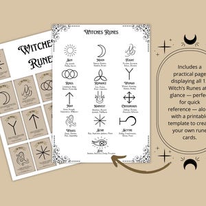 K&ouml;nnte beinhalten: Ein druckbares Blatt mit 13 Hexenrunen, jede mit einem Symbol und einem Namen. Die Runen sind in einem Raster mit einem dekorativen Rand angeordnet. Der Text "Enth&auml;lt eine praktische Seite, die alle 13 Hexenrunen auf einen Blick zeigt - perfekt f&uuml;r eine schnelle Referenz - sowie eine druckbare Vorlage, um eigene Runenkarten zu erstellen." befindet sich unter dem Raster.