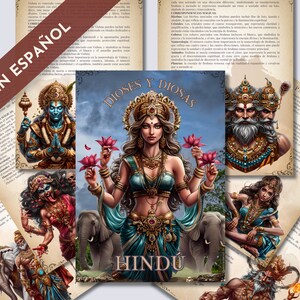 Könnte beinhalten: Eine farbenfrohe Illustration hinduistischer Gottheiten, darunter Shiva, Parvati und Ganesha. Das Bild zeigt komplizierte Details und leuchtende Farben, die die reiche Mythologie und Symbolik des Hinduismus hervorheben.