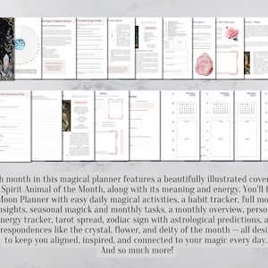 May include: A planner with a cover featuring a white rabbit under a crescent moon, with the word "February". The planner includes pages with text, calendars, and illustrations. The text reads "Each month in this magical planner features a beautifully illustrated cover..."