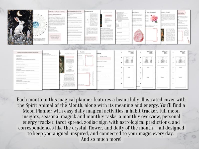 May include: A planner with a cover featuring a white rabbit under a crescent moon, with the word "February". The planner includes pages with text, calendars, and illustrations. The text reads "Each month in this magical planner features a beautifully illustrated cover..."