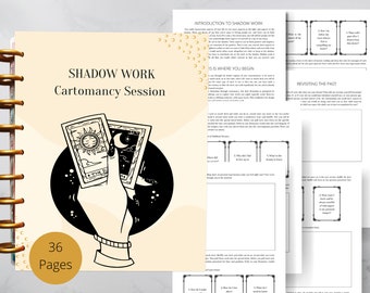 May include: A black and white illustration of a hand holding two tarot cards. The cards are labelled "The Sun" and "The Moon". The image is on a beige background with the text "Shadow Work Cartomancy Session" and "36 Pages".