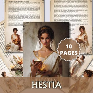 Könnte beinhalten: Eine Sammlung von 10 Seiten mit Illustrationen und Text. Das zentrale Bild zeigt eine Frau in einem weißen und goldenen Kleid, die eine Schale mit Flammen hält. Das Wort "HESTIA" steht unten. Umgebende Seiten haben Text und Illustrationen.