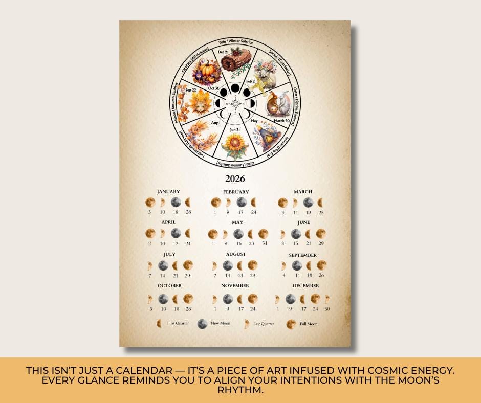Pagan Wheel of the Year With Lunar Calendar 2026 | Printable | Moon ...
