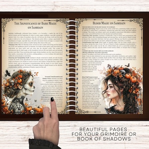 Pu&ograve; includere: Due pagine di un libro delle ombre con illustrazioni di donne con capelli scuri e fiori. Il testo sulle pagine discute il significato della magia oscura e della magia del sangue a Samhain.