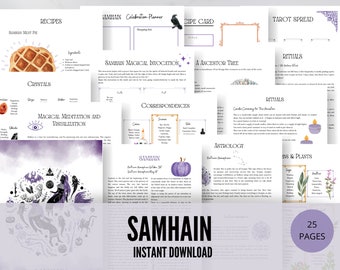 May include: A printable digital download for a Samhain celebration planner with 25 pages. The planner includes sections for recipes, crystals, magical meditation, correspondences, astrology, herbs and plants, rituals, and a tarot spread. The cover features a purple and black illustration of a pumpkin, a raven, and a crescent moon.