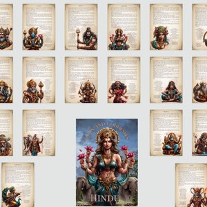 May include: A colorful illustration of Hindu gods and goddesses. The image features a central image of a goddess with four arms, surrounded by smaller images of various deities. The text "Gods and Goddesses Hindu" is displayed at the bottom of the image.
