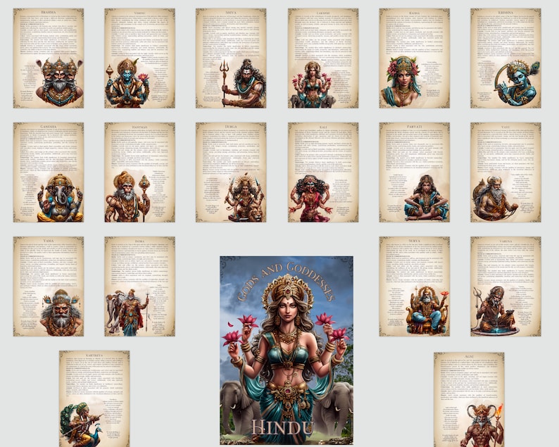 May include: A colorful illustration of Hindu gods and goddesses. The image features a central image of a goddess with four arms, surrounded by smaller images of various deities. The text "Gods and Goddesses Hindu" is displayed at the bottom of the image.