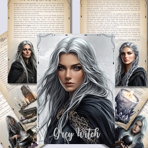 Puede incluir: Una ilustración digital de una Bruja Gris con cabello largo plateado y ropa oscura. El texto "Grey Witch" está escrito en la parte inferior central de la imagen. La imagen está rodeada de texto sobre la Bruja Gris y sus prácticas.