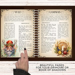 May include: Two open pages from a book with brown leather covers and gold spiral binding. The left page features a Yule illustration with a man wearing a red hat and a green beard. The right page features a Lammas illustration with a loaf of bread, a candle, and a cornucopia. The text on the pages includes the words "Yule", "Lammas", "How to Celebrate", and "Correspondences".