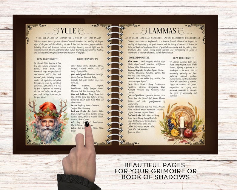 May include: Two open pages from a book with brown leather covers and gold spiral binding. The left page features a Yule illustration with a man wearing a red hat and a green beard. The right page features a Lammas illustration with a loaf of bread, a candle, and a cornucopia. The text on the pages includes the words "Yule", "Lammas", "How to Celebrate", and "Correspondences".
