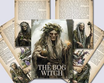 May include: A digital illustration of a witch with long white hair and green vines in her hair. She is wearing a brown robe and holding a bottle in her hand. The background is a forest with green trees and leaves. The text "The Bog Witch" is written in large letters at the bottom of the image.