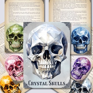 May include: A collage of six crystal skull illustrations. Each skull is a different colour, including green, silver, pink, purple, blue, and gold. The skulls are all rendered in a realistic style, with intricate details and a high level of polish. The text "CRYSTAL SKULLS" is printed in large, bold letters at the bottom of the image.