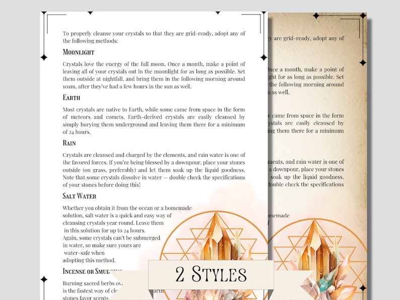 Pu&ograve; includere: Una pagina di una guida su come purificare i cristalli. La pagina &egrave; illustrata con un dipinto ad acquerello di un gruppo di cristalli e un motivo geometrico. Il testo sulla pagina descrive diversi metodi per purificare i cristalli, tra cui la luce della luna, la terra, la pioggia, l'acqua salata e l'incenso.