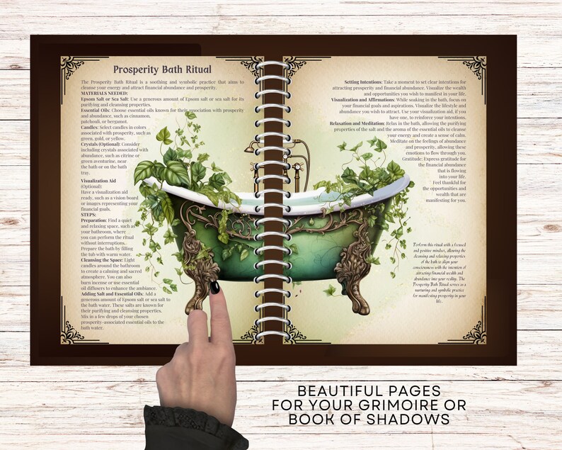May include: A green and gold bathtub with vines growing around it. The bathtub is on a page from a book with the title "Prosperity Bath Ritual" and instructions for a prosperity bath ritual. The book has a brown cover with gold accents.