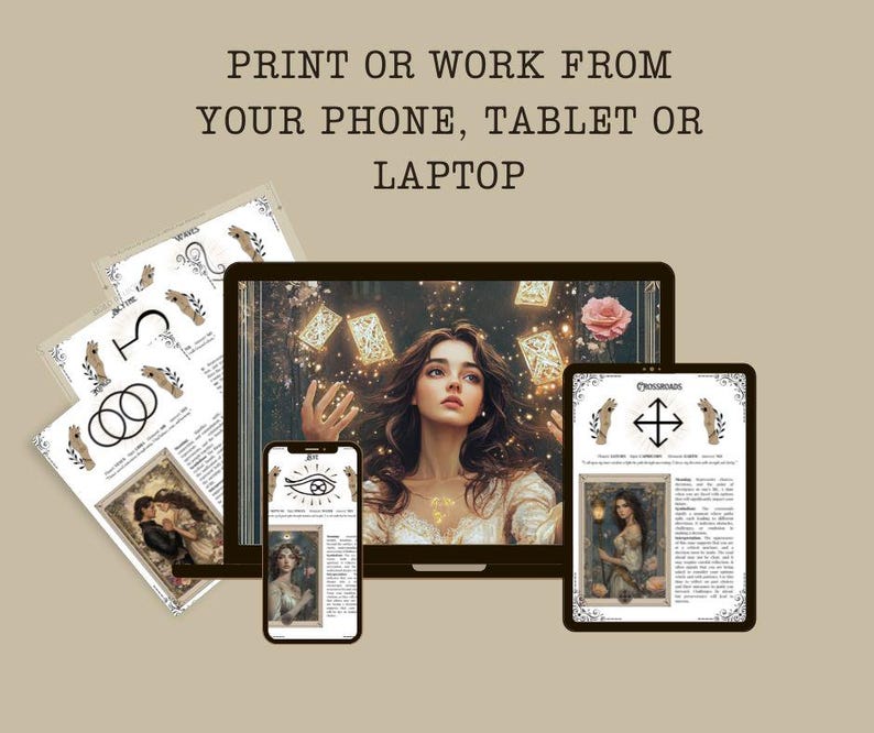 K&ouml;nnte beinhalten: Eine digitale Illustration einer Tarotkarten-Lesung mit einer Frau in einem wei&szlig;en Kleid, die eine leuchtende Kugel h&auml;lt. Das Bild wird auf einem Laptop-Bildschirm angezeigt, mit zwei kleineren Bildschirmen, die andere Tarotkarten zeigen. Der Text "DRUCKEN ODER ARBEITEN VON DEINEM HANDY, TABLET ODER LAPTOP" wird &uuml;ber dem Bild angezeigt.