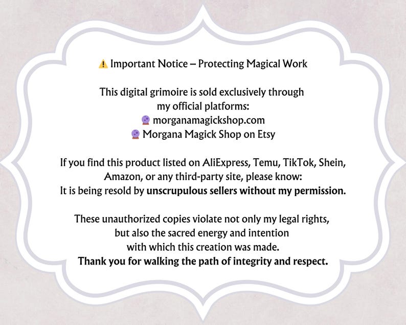 Op de afbeelding: Wit omkaderde afbeelding met tekst. De tekst luidt "Important Notice - Protecting Magical Work". Het waarschuwt voor ongeautoriseerde kopie&euml;n van een digitale grimoire die exclusief wordt verkocht op offici&euml;le platforms, waaronder morganamagickshop.com en Morgana Magick Shop op Etsy.