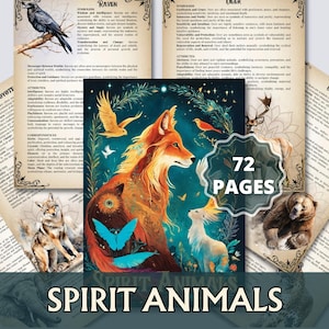 以下が含まれることがあります： キツネ、カラス、シカ、クマなどのスピリットアニマルをフィーチャーしたイラストページ集。中央の画像は、白い生き物と青い蝶が描かれた鮮やかなキツネで、「72 PAGES」と「SPIRIT ANIMALS」の文字が添えられています。