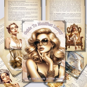 Könnte beinhalten: Ein Leitfaden zum Manifestieren von Luxus mit einer Frau, die eine Sonnenbrille und eine goldene Halskette trägt. Der Text "Guide To Manifest Luxury" ist in goldener und weißer Schrift gehalten. Das Bild zeigt außerdem ein Schiff, das auf dem Meer segelt, eine Frau, die auf einem Thron sitzt, und eine Frau mit einer Krone auf dem Kopf.