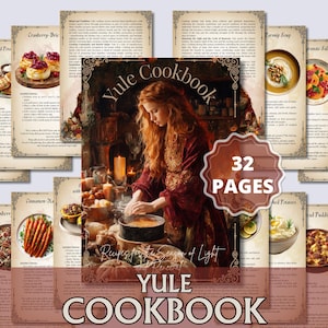 Peut inclure: Un livre de cuisine de Yule de 32 pages, avec des recettes pour l'hiver. La couverture montre une femme en train de cuisiner, entourée de bougies et de nourriture. Le livre de cuisine comprend des recettes comme Cranberry-Brie et Soupe de panais.