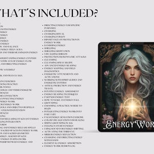 Puede incluir: Una ilustraci&oacute;n digital de una mujer con cabello largo y plateado sosteniendo un orbe brillante. El texto "Energy Work" se muestra en un marco dorado. La imagen est&aacute; acompa&ntilde;ada de una lista de temas relacionados con el trabajo energ&eacute;tico, que incluyen la conexi&oacute;n con la energ&iacute;a, el flujo de energ&iacute;a, los chakras, la conexi&oacute;n a tierra y la curaci&oacute;n energ&eacute;tica.