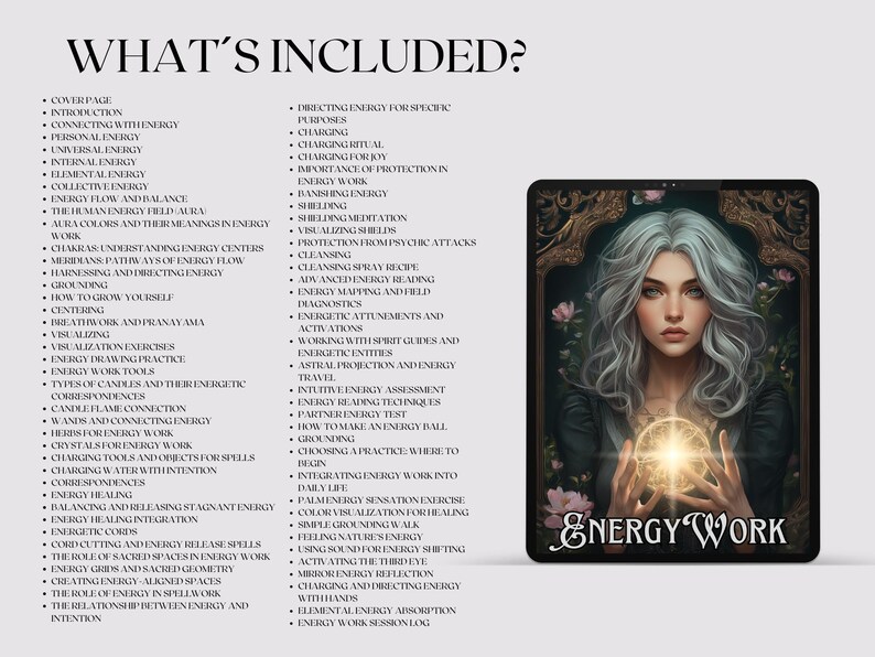 Puede incluir: Una ilustraci&oacute;n digital de una mujer con cabello largo y plateado sosteniendo un orbe brillante. El texto "Energy Work" se muestra en un marco dorado. La imagen est&aacute; acompa&ntilde;ada de una lista de temas relacionados con el trabajo energ&eacute;tico, que incluyen la conexi&oacute;n con la energ&iacute;a, el flujo de energ&iacute;a, los chakras, la conexi&oacute;n a tierra y la curaci&oacute;n energ&eacute;tica.